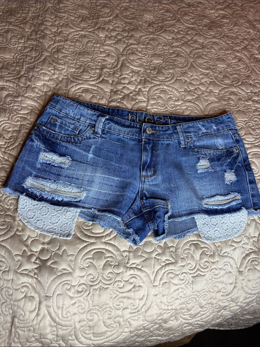 Rue21 Blue Distressed Denim Shorts with White Lace Trim 5/6